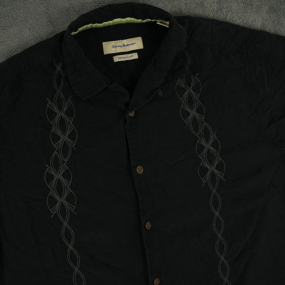Tommy Bahama Camp Button Up Shirt Mens L Black Silk Loop Collar Embroidered
